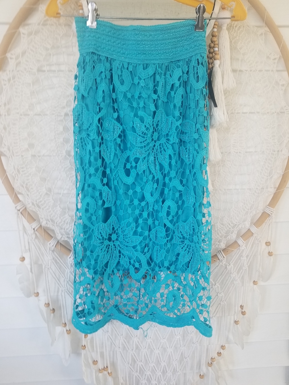 Turquoise Lace Crochet Midi Skirt Size Small  Fits Small & Medium Best
